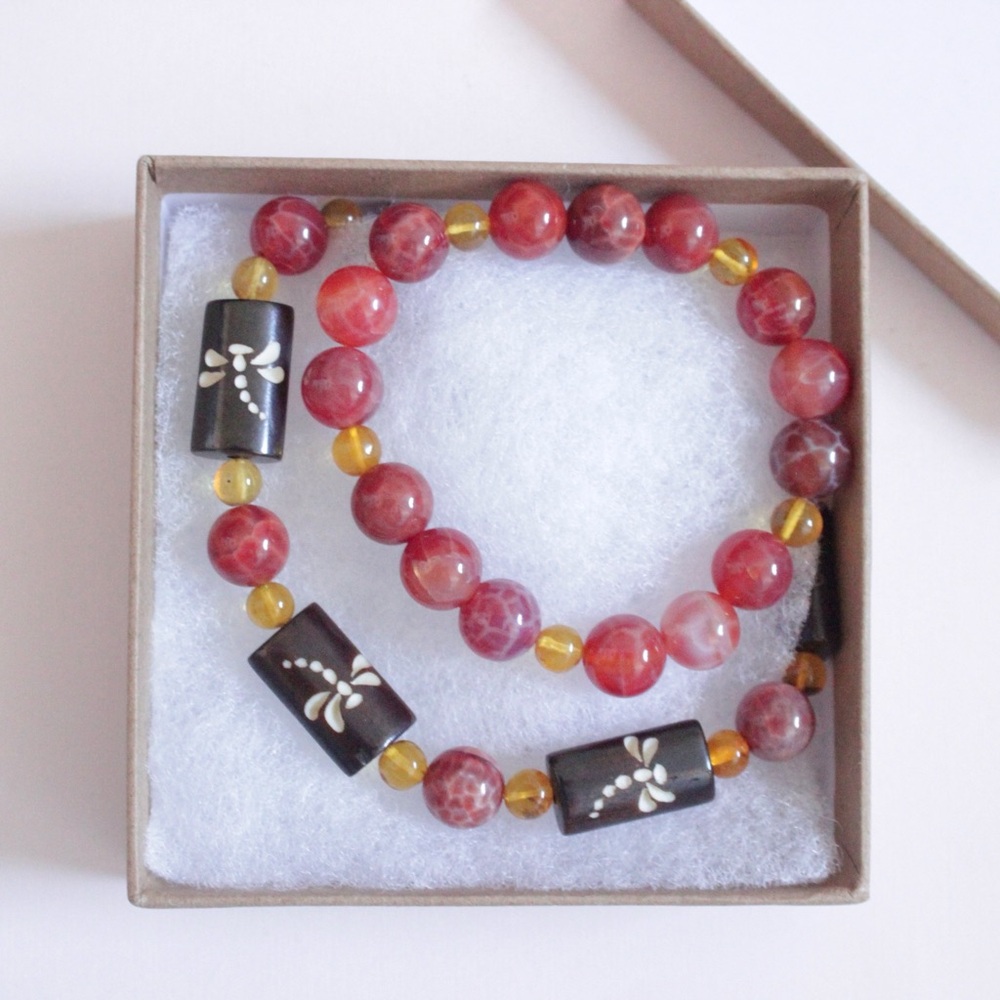 Handmade Women’s Dragonfly Necklace and Bracelet Set with Amber and Fire Agate